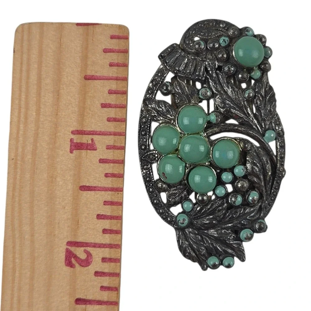 Vintage Dress Clip Brooch Turquoise Glass Pot Metal Art Deco Floral Cabochon